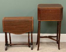 ANTIQUE MAHOGANY SEWING BOX on turned supports and 