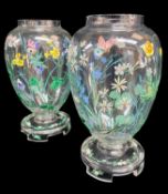 PAIR KOLOMON MOSER-STYLE GLASS VASES, enamelled with meadow flowers and insects, on circular