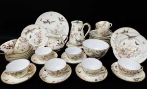 CONTINENTAL PORCELAIN PART TEA SERVICE, c 1870's, printed and coloured with birds, insects and