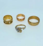 ASSORTED GOLD RINGS, including 18ct broad band with ropetwist, lozenge and bead ornament (8g), 9ct
