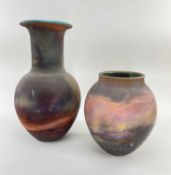 SIMON RICH: TWO STUDIO POTTERY VASES, with interior turquoise Raku glaze, one with impressed seal,
