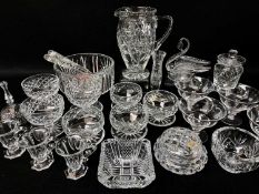 ASSORTED MODERN CUT TABLE GLASS & LINEN, including pair 19th C jelly glasses, modern 7-pc iced water