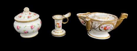 THREE SMALL ITEMS OF PORCELAIN 19th Century, comprising (1) Swansea-style taper-stick with ring