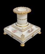 AN ENGLISH PORCELAIN CANDLESTICK circa 1820-1830, square stepped based to a cylindrical nozzle