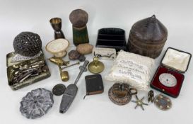 VARIOUS CABINET OBJECTS OF CURIOSITY including sequined cushion 'The Marriage of James and Sarah