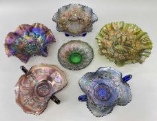 SIX AMERICAN CARNIVAL GLASS DISHES, some with handles, others pedestals, and decorated with