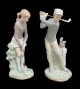 LLADRO FIGURES male and female golfers, Vicente Martinez (1972), model no. 4824 and 4851, 29cms high