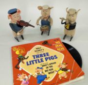 SCHUCO CLOCKWORK 'THREE LITTLE PIGS', c.1930s, felt covered pigs wearing original felt clothes and