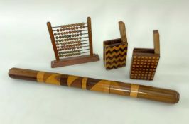 ASSORTED TREEN COLLECTIBLES, comprising sectional cylindrical mixed wood ruler, 31cm, toy abacus,