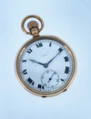 BUREN 9CT GOLD KEYLESS WIND POCKET WATCH, Birmingham 1922, white enamel roman dial with subsid.