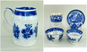 SWANSEA CAMBRIAN POTTERY CABBAGE LEAF MOULDED TANKARD with tapering neck, blue transfer 'Floral