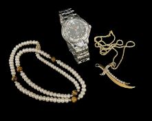 TWO NECKLACES & A WATCH, comprising freshwater pearl and tiger's eye necklace to 14ct gold clasp;