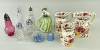 GROUP OF CERAMICS & GLASS including a graduated set of three Mason's 'Regency' patterned jugs, Royal