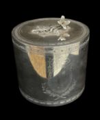 EDWARDIAN SILVER CYLINDRICAL TEA POY, Blackburn & Tysall, London 1905, hinged lid with floral knop