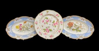 THREE 19TH CENTURY ENGLISH PORCELAIN PLATES / DISHES comprising rose and butterfly decorated lobed