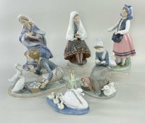 SIX LLADRO PORCELAIN FIGURES gloss finish, country scenes, religious and swans, various sizes