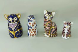 FOUR ROYAL CROWN DERBY CHINA PAPERWEIGHTS, comprising two seated cats, chipmunk and koala, all