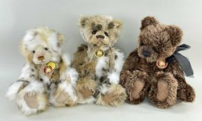 3 CHARLIE BEARS - 'Nancy' CB614837B white and fawn, key, 42cm h; 'Gregory' CB124960, brown, bells,