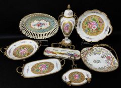 ASSORTED GILT METAL MOUNTED LIMOGES PORCELAIN, including lidded vase, cake basket, chestnut