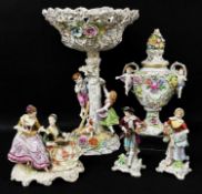 ASSORTED GERMAN FIGURAL PORCELAIN, including Plaue comport, 44cm h, Plaue pot pourri vase, figure