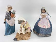 THREE LLADRO GRES FIGURES, No. 2223 'New Lamb' 22cms high, No.2356 'Country Joy', 31cms high, and