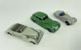 DINKY TOYS: 39e Chrysler saloon, 38c Lagonda sports coupe (windscreen loose), 38a Fraser Nash, all