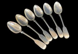 SET SIX VICTORIAN SILVER FIDDLE PATTERN TABLESPOONS, Elizabeth Eaton, London 1847, engraved