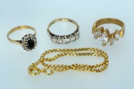 ASSORTED JEWELLERY comprising a 9ct gold sapphire and diamond cluster ring, 9ct gold diamond