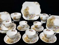 SHELLEY FINE BONE CHINA 'HEATHER' TEA SET, comprising six cups and saucers, cream jug, sucrier,
