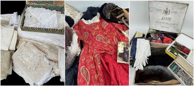 ASSORTED COSTUME, LACE, LINEN & ACCESSORIES, including an cotton Indian print dress, velvet hats,