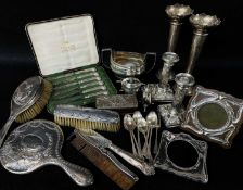 ASSORTED SILVER ITEMS, including oval sugar basin, pair loaded dwarf candlesticks, pair stem