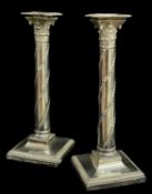 PAIR VICTORIAN SILVER CORINTHIAN CANDLESTICKS, Martin Hall & Co, London 1890, with bellflower spiral
