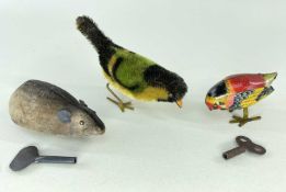 SCHUCO CLOCKWORK TOYS comprising mohair bird, velvet mouse, together with tin plate pecking bird,