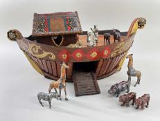 A CHARMING WOODEN NOAH'S ARK WITH PAINTED ALLOY ANIMALS, early 20th Century, naively painted,