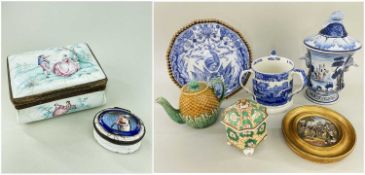 TWO 18th CENTURY ENAMEL BOXES, comprising South Staffordshire rectangular snuff box, painted with