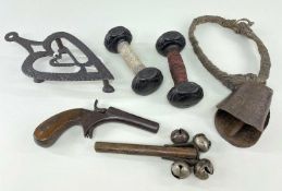 GROUP OF METAL CURIOS comprising pair of Victorian cast iron 1½ Lb dumbbells by A.K & Sons No 2.