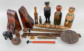 ASSORTED TREEN OBJECTS, including a pair of turned and painted dolls, stained bookends, spindle