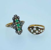 18CT GOLD EMERALD & DIAMOND RING, together with a yellow metal pearl and emerald cip ring, 6.2gms (