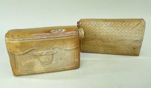 TWO RARE ENGLISH STONEWARE NOVELTY LIQUOR FLASKS in the form of leather-bound journals, relief and