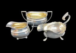 PAIR SILVER MILK JUG & SUGAR BOWL, & SAUCE BOAT, teawares by Mark Willis, Sheffield 1904, oval