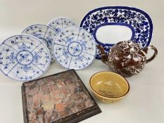 POTTERY GROUP including agate-ware teapot, old terracotta-mosaic section mounted as a kettle-