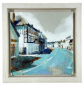 CAMILLA DOWSE (British, b. 1968) oil on board - street scene with half timbered buildings, signed