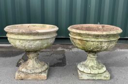 PAIR TERRACOTTA GARDEN URNS, with acanthus moulding, square plinth bases, 58cm diam, 56cm h (2)