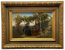 19TH CENTURY SCHOOL oil on canvas - priest and monk in conversation underneath vines with ruins in