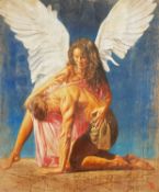 ‡ TOMASZ RUT (Polish, b. 1961) massive oil on canvas depicting winged angel and kneeling male,