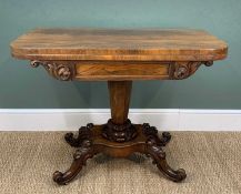 GOOD MID-VICTORIAN ROSEWOOD FOLD-OVER CARD TABLE, with tablet frieze flanked by acanthus brackets on