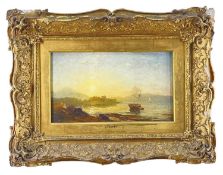 MANNER OF JAMES FRANCIS DANBY, oil on canvas - sailing boat at low tide with castle ruin on headland