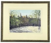 MICHAEL FELMINGHAM (British, b. 1935) watercolour - cyclists on canal bridge, entitled verso on a