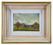 PETER THORNEYCROFT (British Contemporary) oil on board - entitled verso 'View From Llansoy',