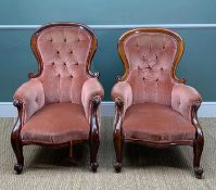 PAIR VICTORIAN WALNUT SPOON-BACK EASY ARMCHAIRS, for lady and gent, similarly upholstered in pink